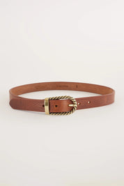 Aged effect leather belt with brass buckle