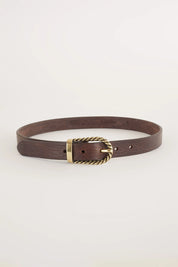 Aged effect leather belt with brass buckle