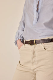 Aged effect leather belt with brass buckle