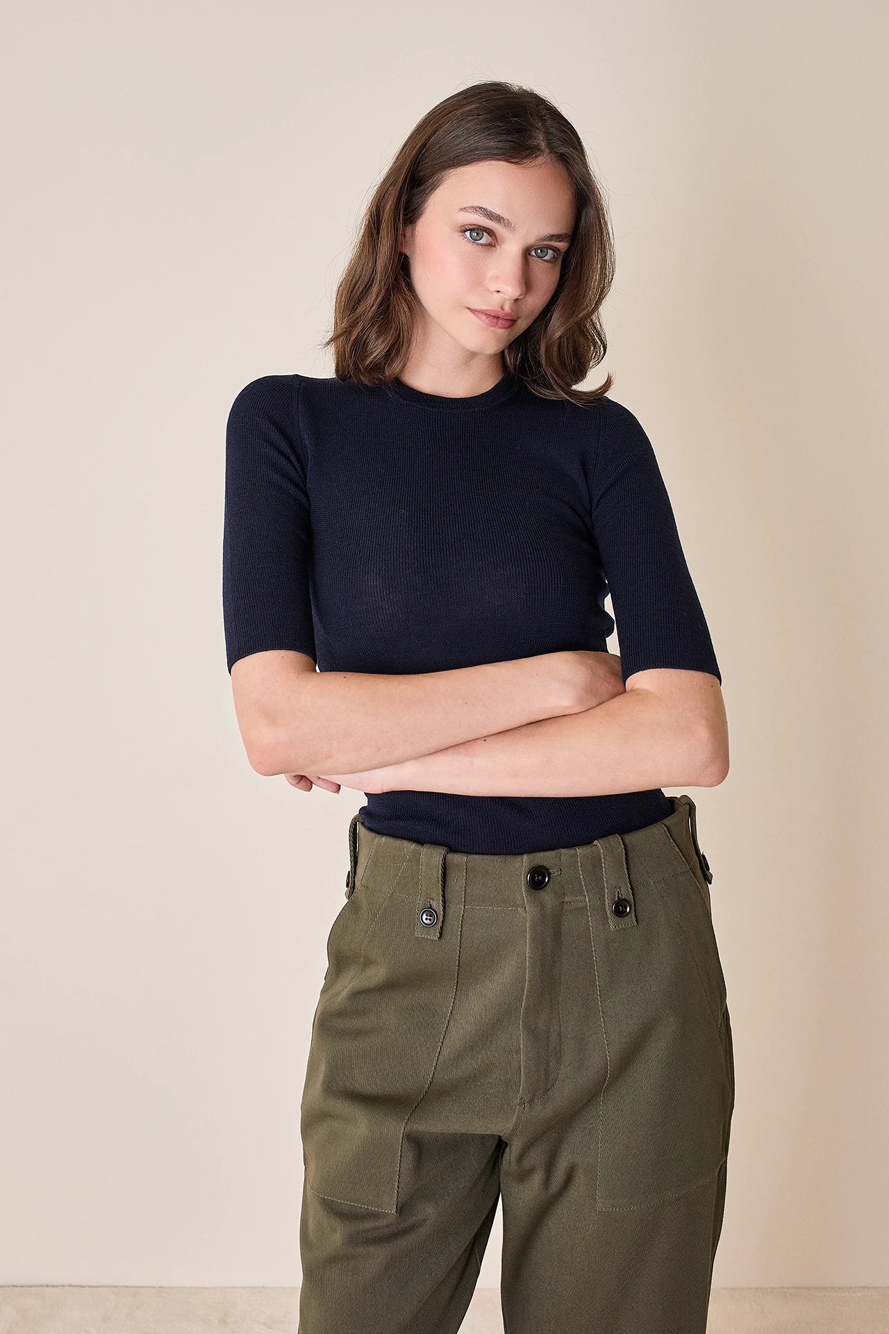 Short-sleeved wool crewneck 