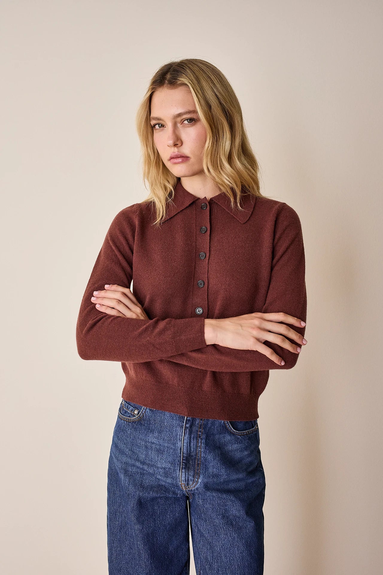 Wool and cashmere polo sweater with maxi collar
