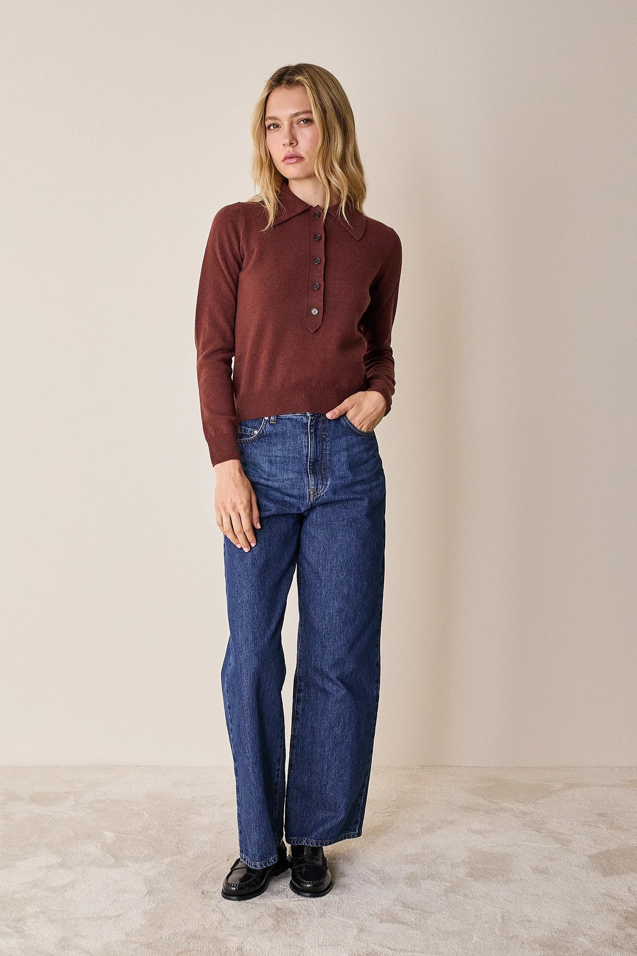 Wool and cashmere polo sweater with maxi collar