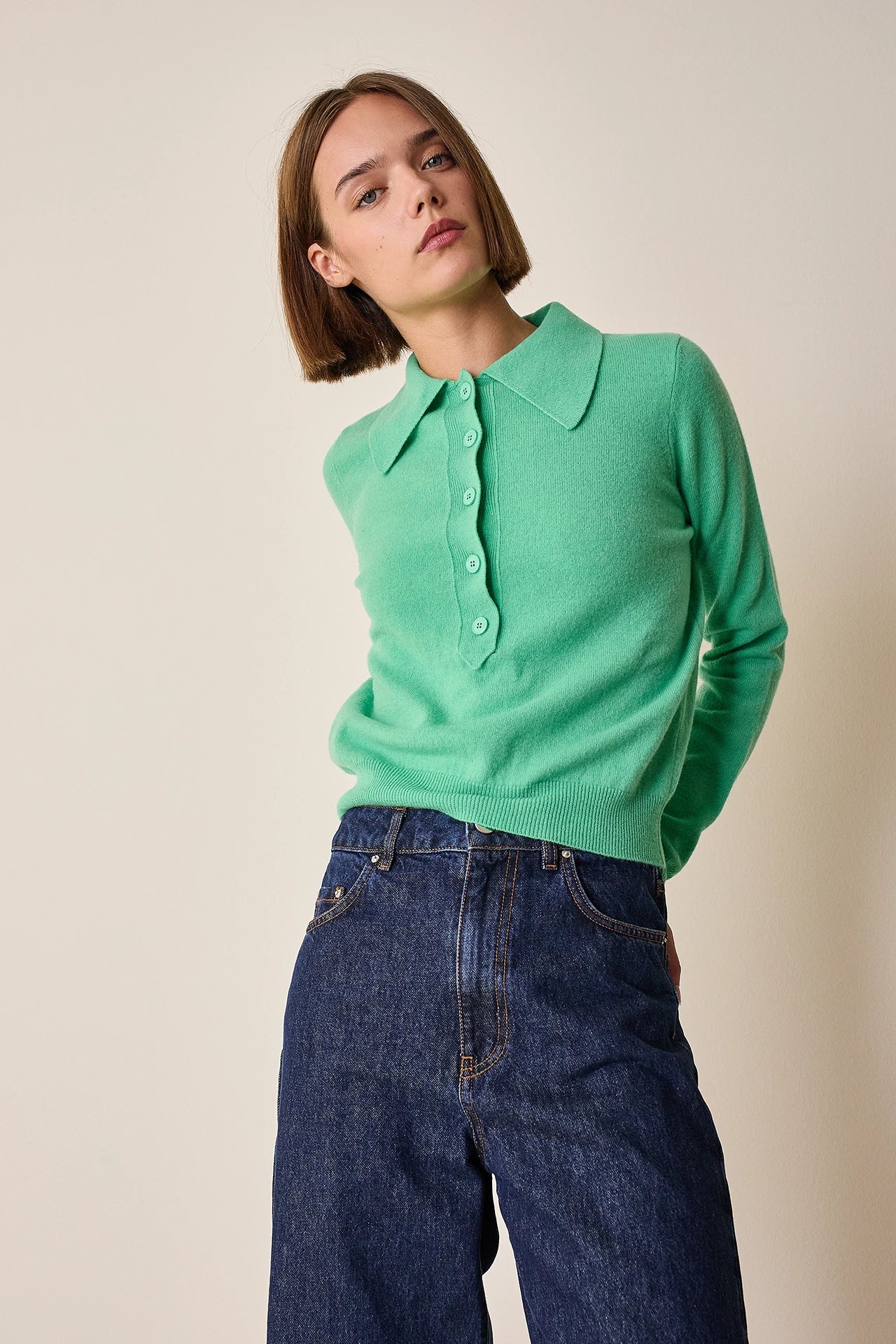 Wool and cashmere polo sweater with maxi collar