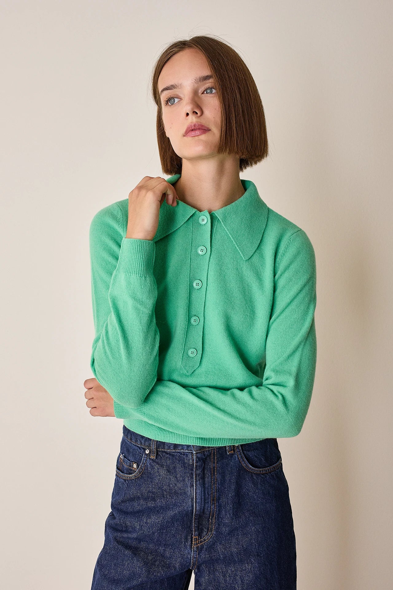 Wool and cashmere polo sweater with maxi collar