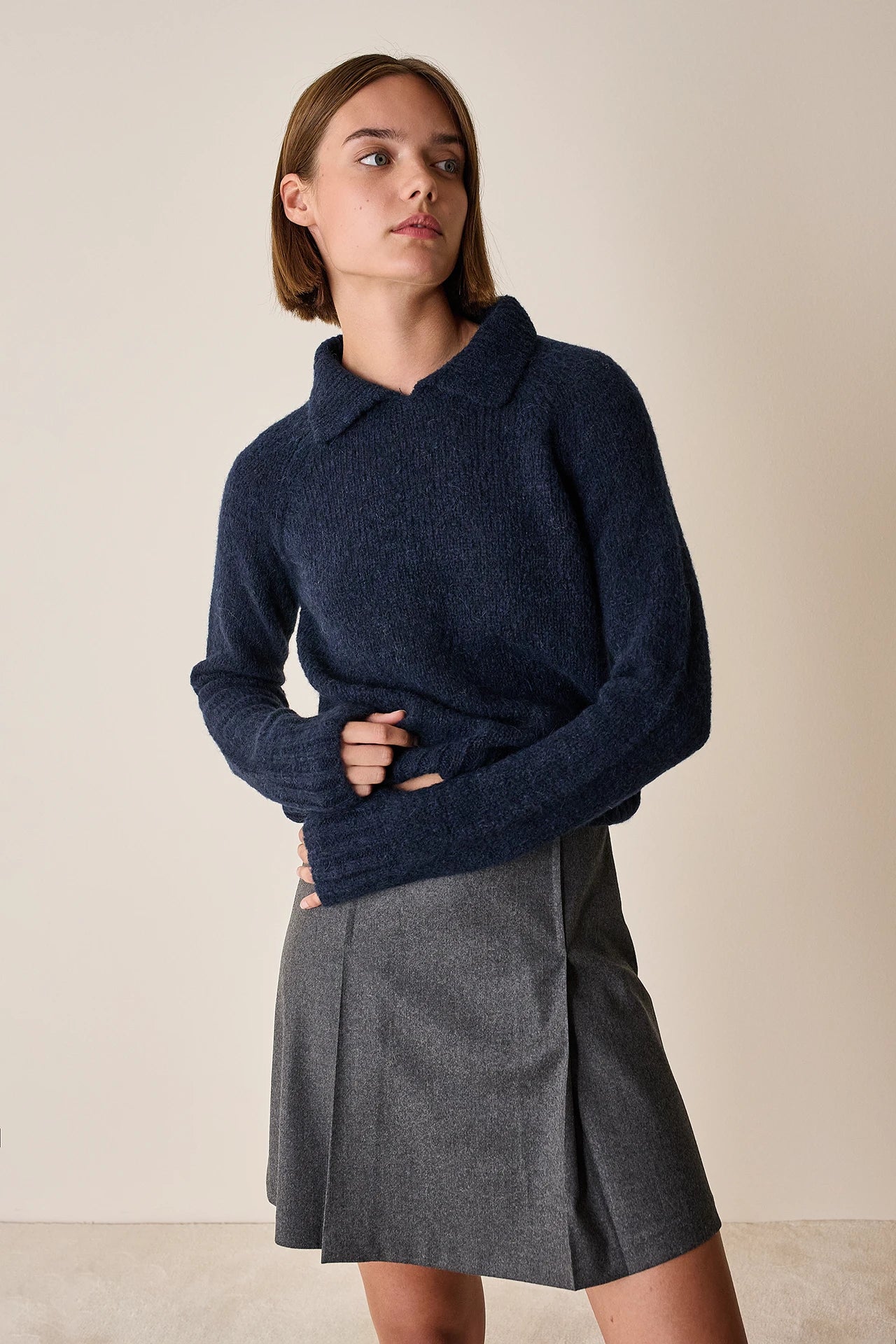 Buttonless polo shirt in alpaca and merino wool