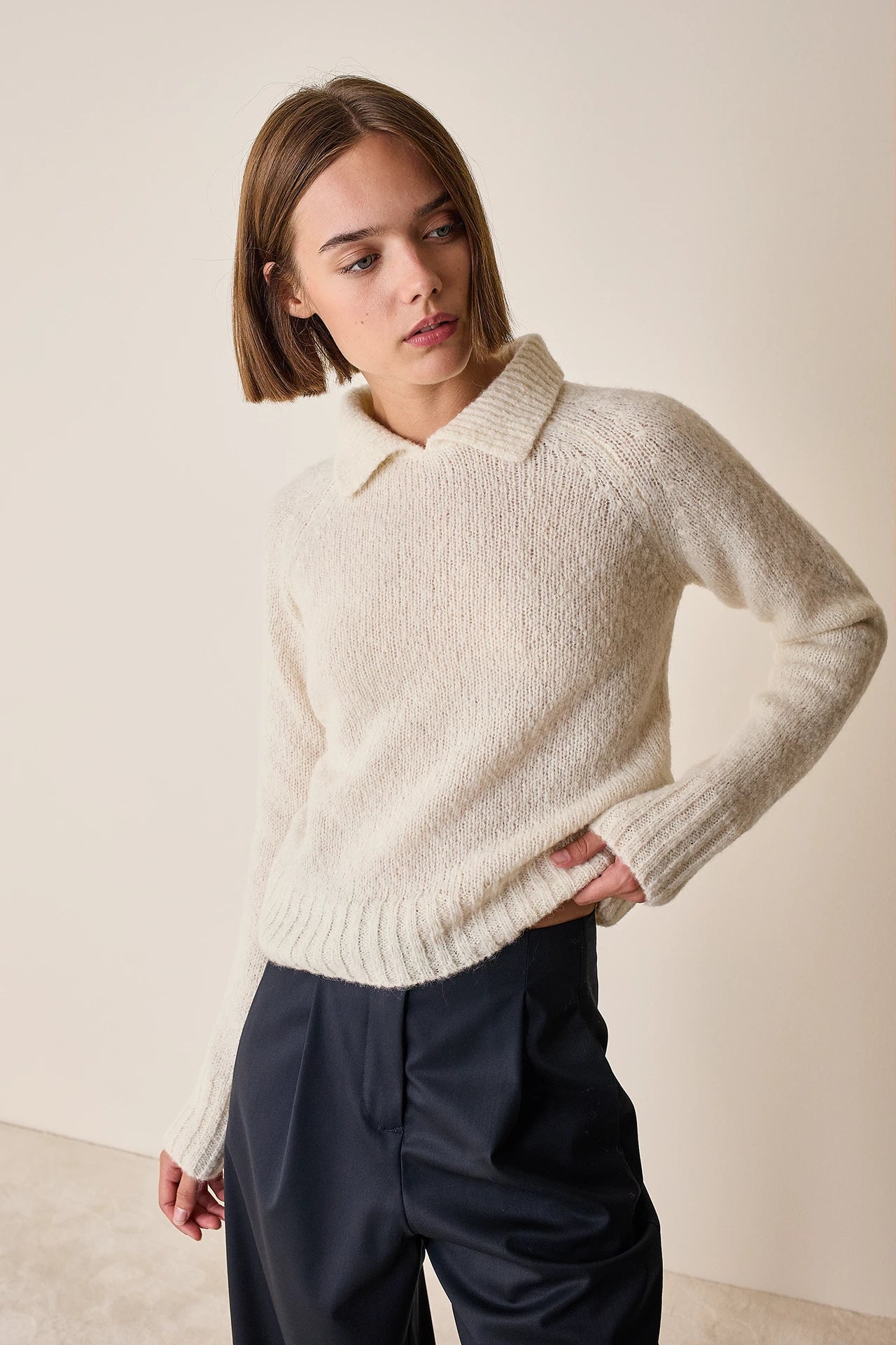 Buttonless polo shirt in alpaca and merino wool