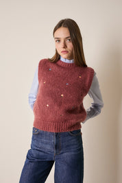 Gilet in mohair con fiori ricamati