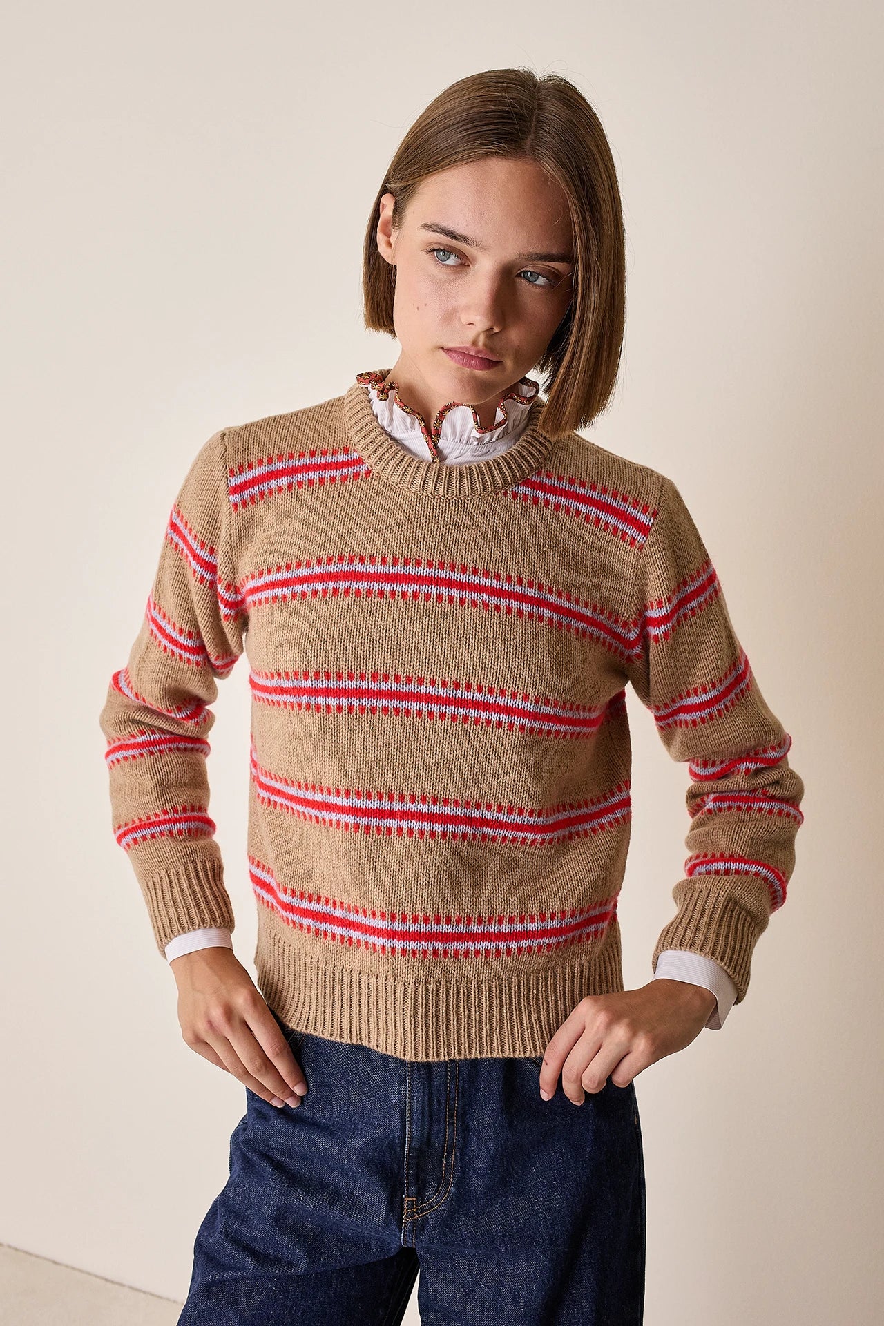 Crew neck sweater with jacquard stripes