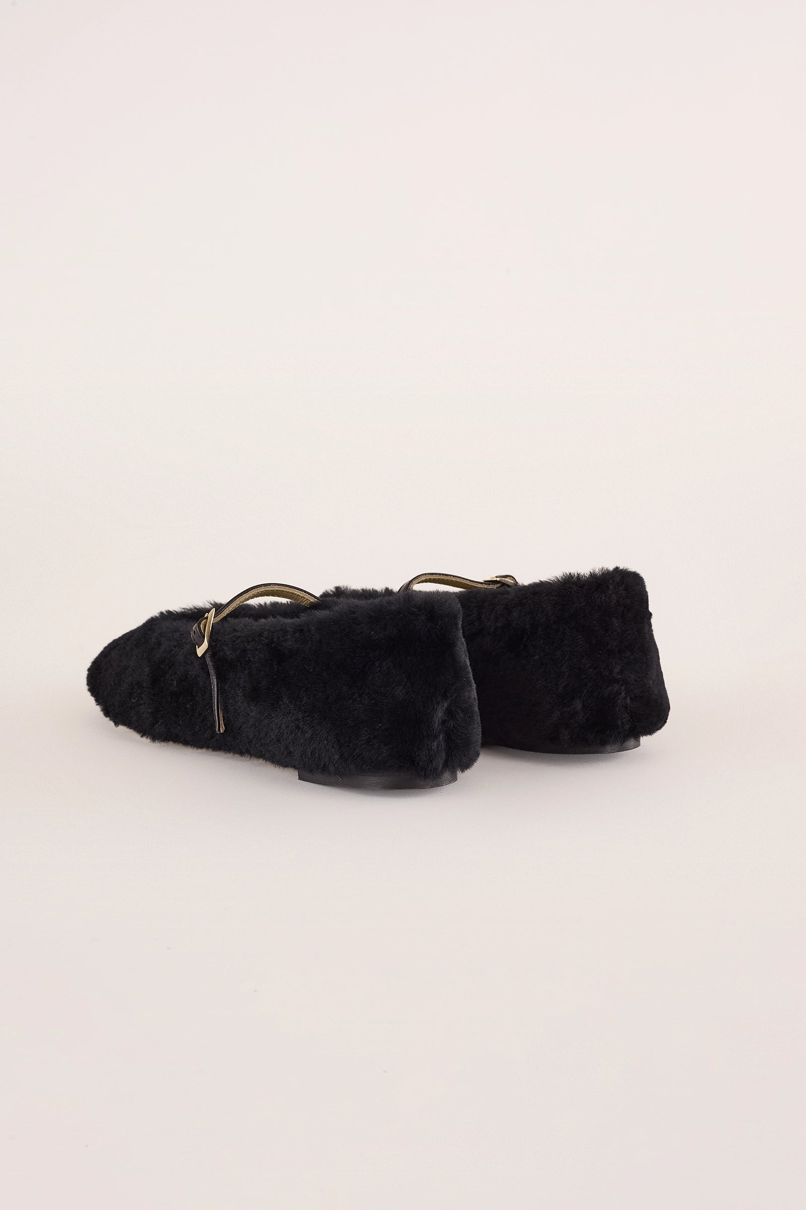 ballerine in pelliccia effetto montone nero, vera pelle