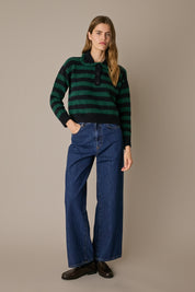 Polo a righe con colletto volant verde - blu con volant