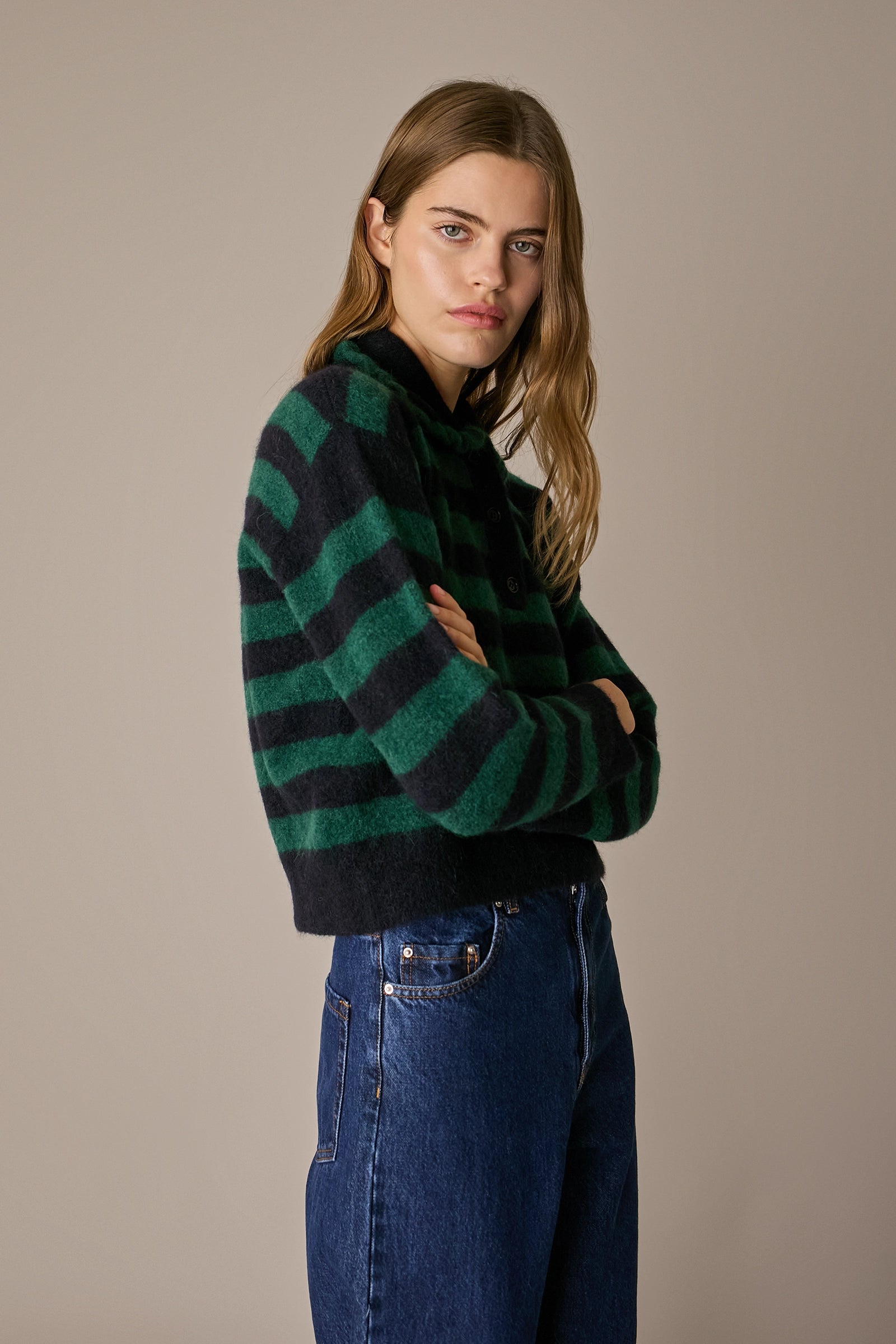 Polo a righe con colletto volant verde - blu, volant