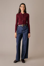 Polo traforata in lana Merino ultrafine bordeaux, lavorazione traforata e struttura in lana Merino