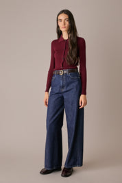 Polo traforata in lana Merino ultrafine bordeaux