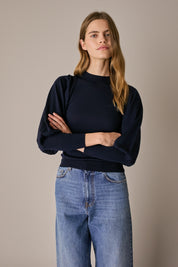 Maglia con maniche a sbuffo blu navy, maniche a sbuffo in lana Merino
