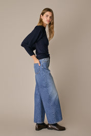 Maglia con maniche a sbuffo blu navy, maniche a sbuffo, in lana Merino