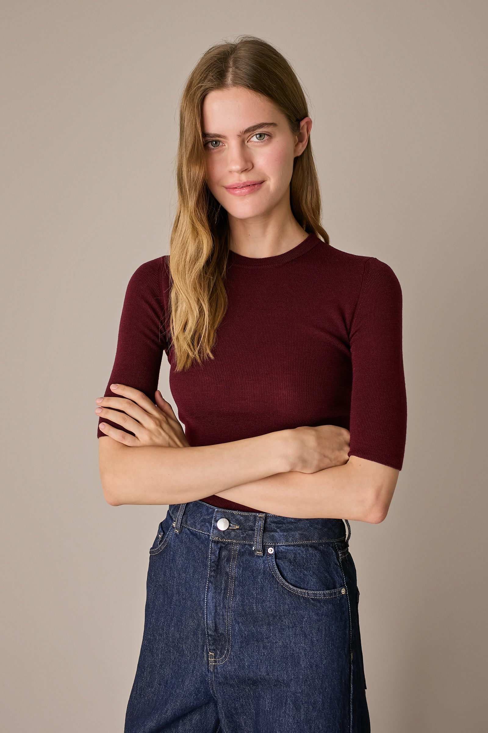 Maglia girocollo a mezze maniche bordeaux