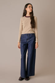 maglia cropped a righe in lana e cashmere cipria - oliva, modello cropped, lazzari