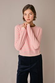 maglia cropped a righe in lana e cashmere fluo - panna