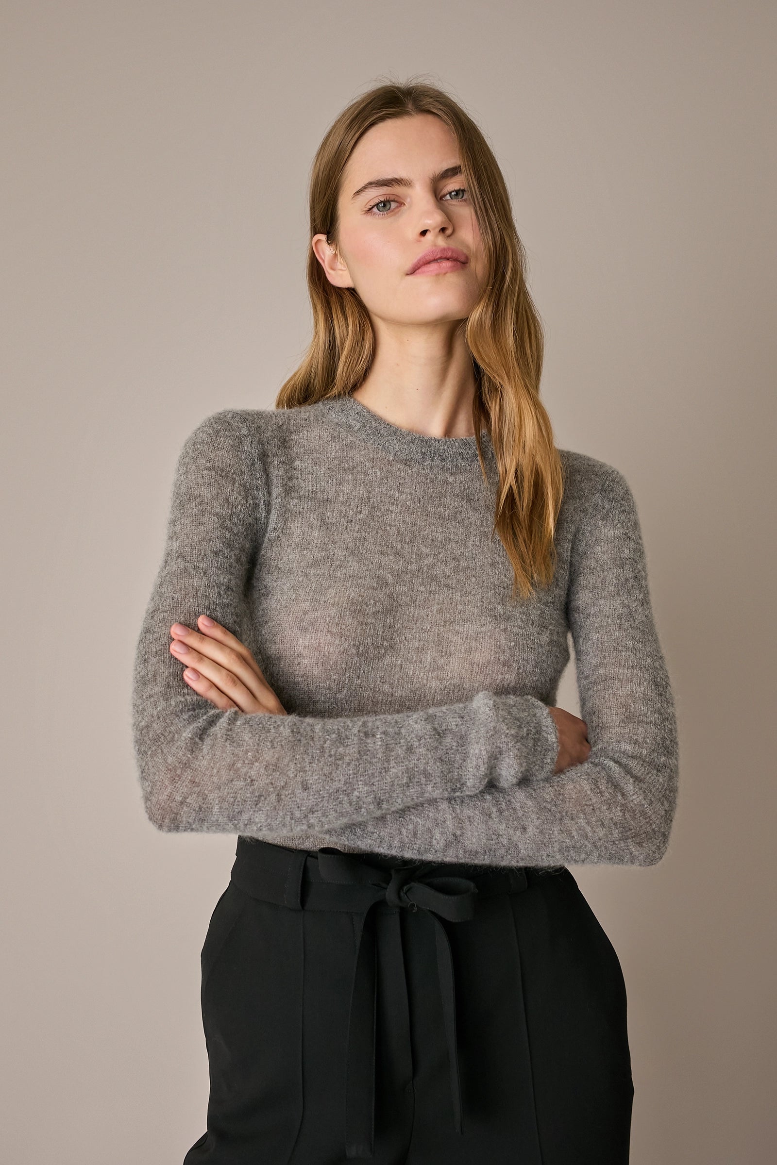 Maglia girocollo sottile in alpaca e mohair