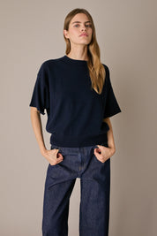Maglia in lana e cashmere a mezze maniche blu navy, in filato cardato Matis