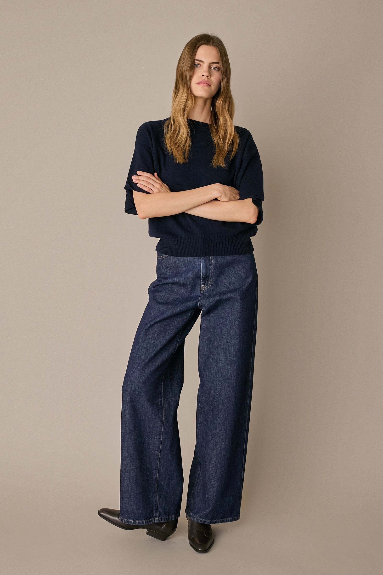 Maglia in lana e cashmere a mezze maniche blu navy, calda leggera e morbida