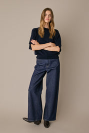 Maglia in lana e cashmere a mezze maniche blu navy, calda leggera e morbida