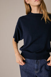 Maglia in lana e cashmere a mezze maniche blu navy, mezze maniche e struttura in lana e cashmere
