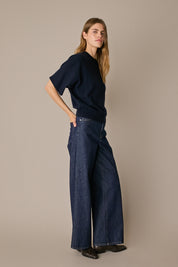 Maglia in lana e cashmere a mezze maniche blu navy in lana e cashmere, mezze maniche