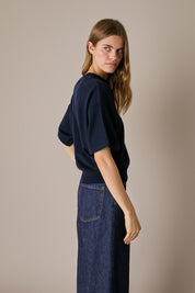 Maglia in lana e cashmere a mezze maniche blu navy, in cashmere, mezze maniche