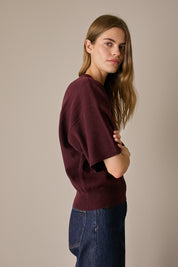 Maglia in lana e cashmere a mezze maniche bordeaux, mezze maniche e struttura in lana e cashmere