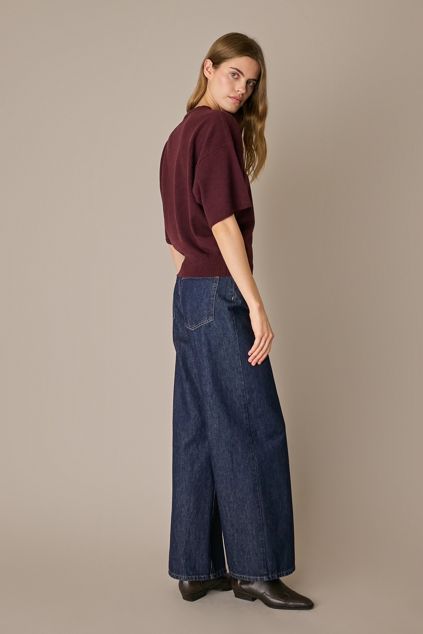 Maglia in lana e cashmere a mezze maniche bordeaux, calda leggera e morbida