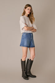 Maglia in lana e cashmere a mezze maniche avorio, calda leggera e morbida