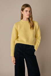 Maglia girocollo in lana e alpaca giallino, linea essenziale in lana Merino