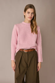 Maglia girocollo in lana e alpaca rosa, finitura raffinata in alpaca