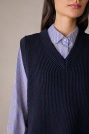 gilet con scollo a v in lana a costine, scollo a v, blu navy