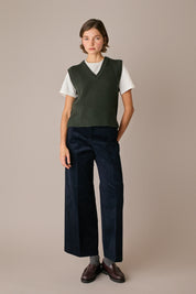 gilet con scollo a v in lana a costine blu navy, scollo a v